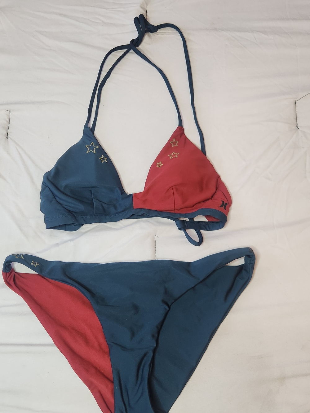 Hurley Blue & Red Triangle Halter Bikini Set with Star Accents